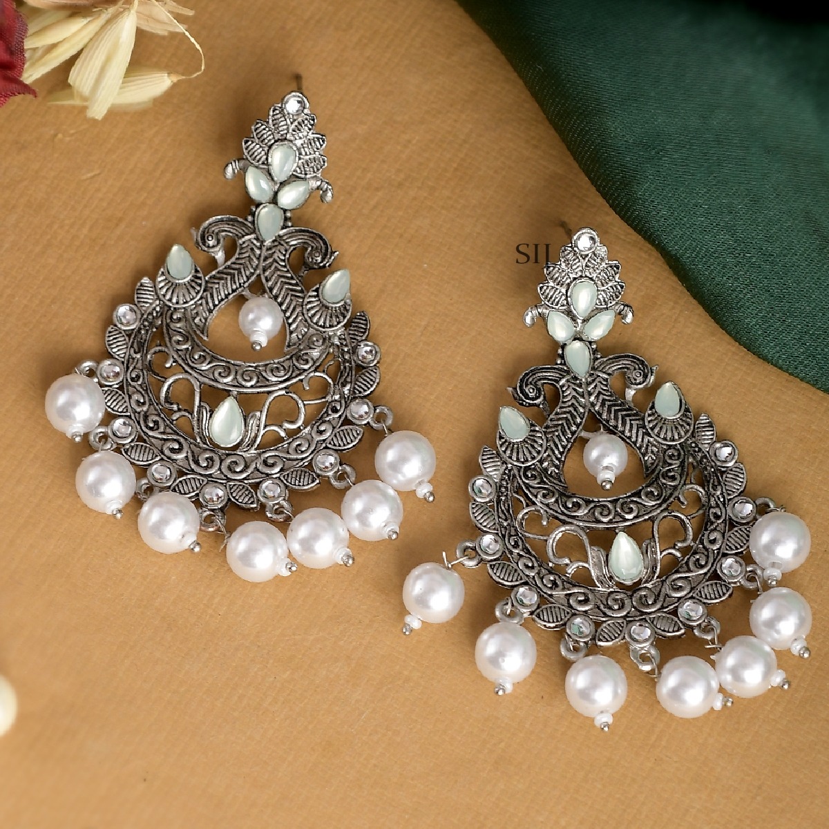Black Silver Peacock Design Drop Earrings White_1