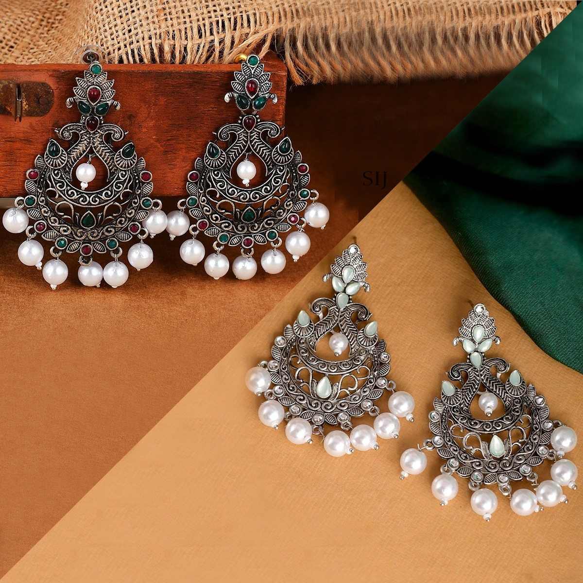 Black Silver Peacock Design Drop Earrings