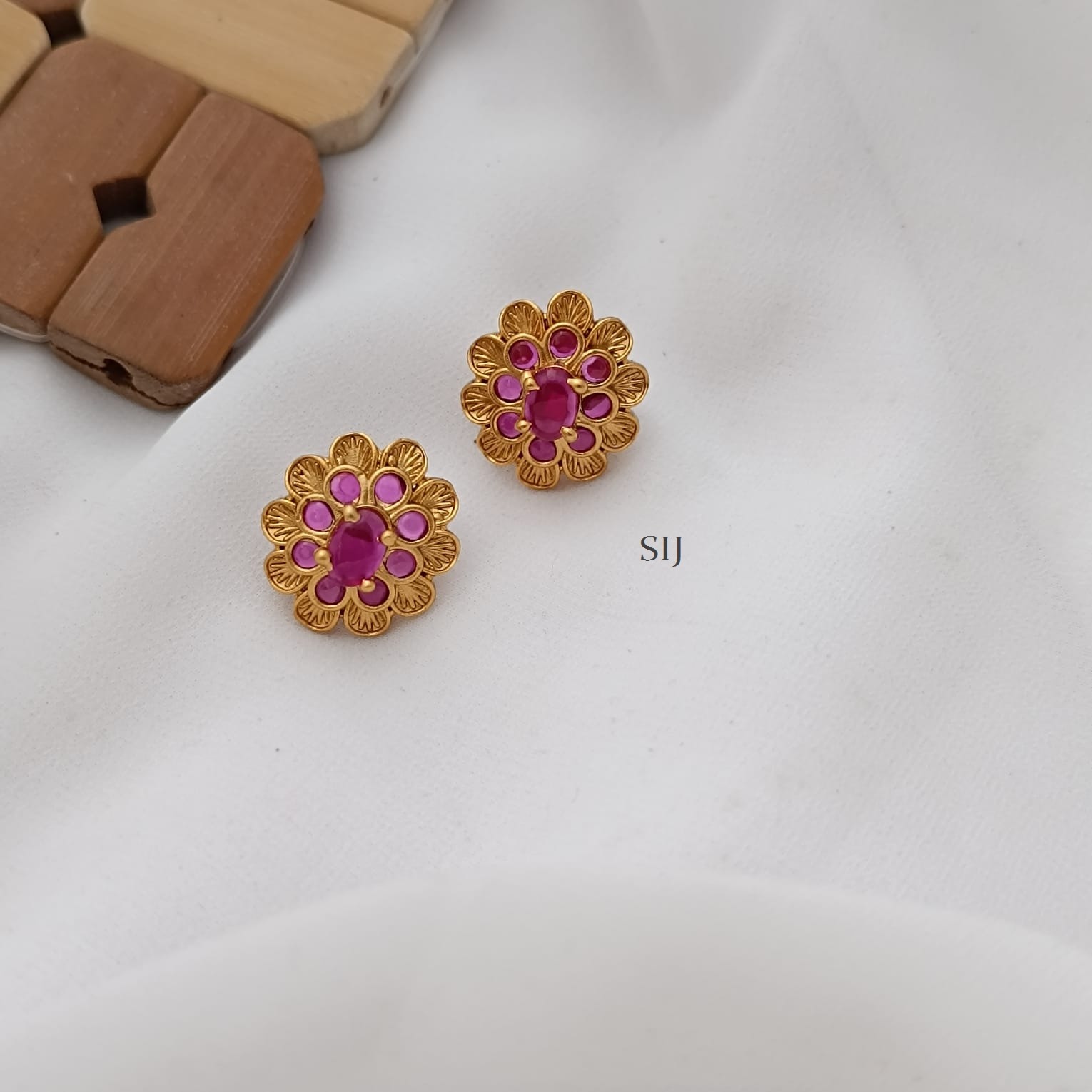 Classy Ruby Flower Studs - South India Jewels