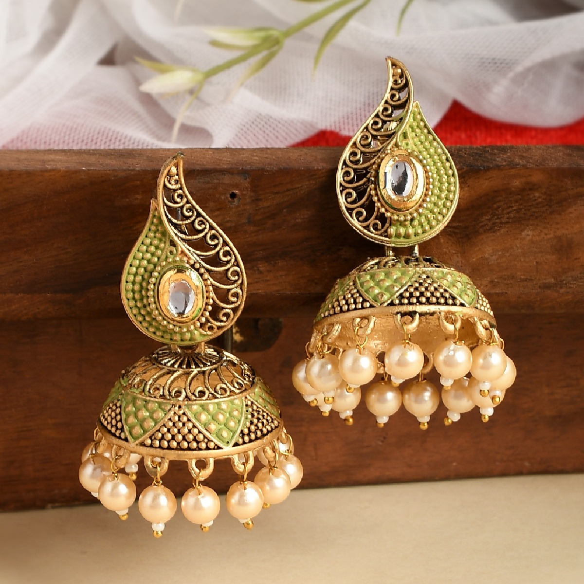 Cute Meenakari Green Earrings with Jhumkas-1