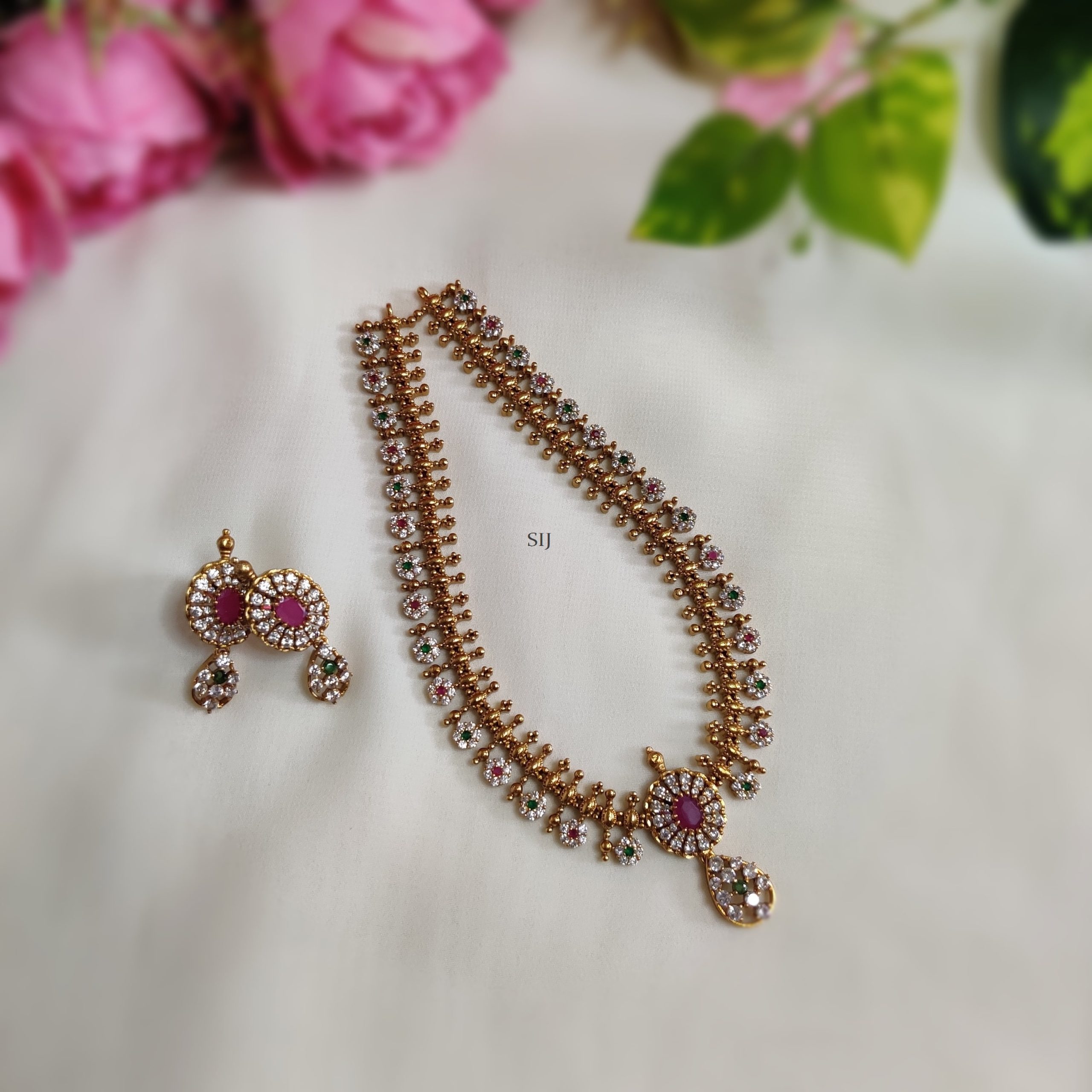 Fancy Floral AD Stone Necklace - South India Jewels