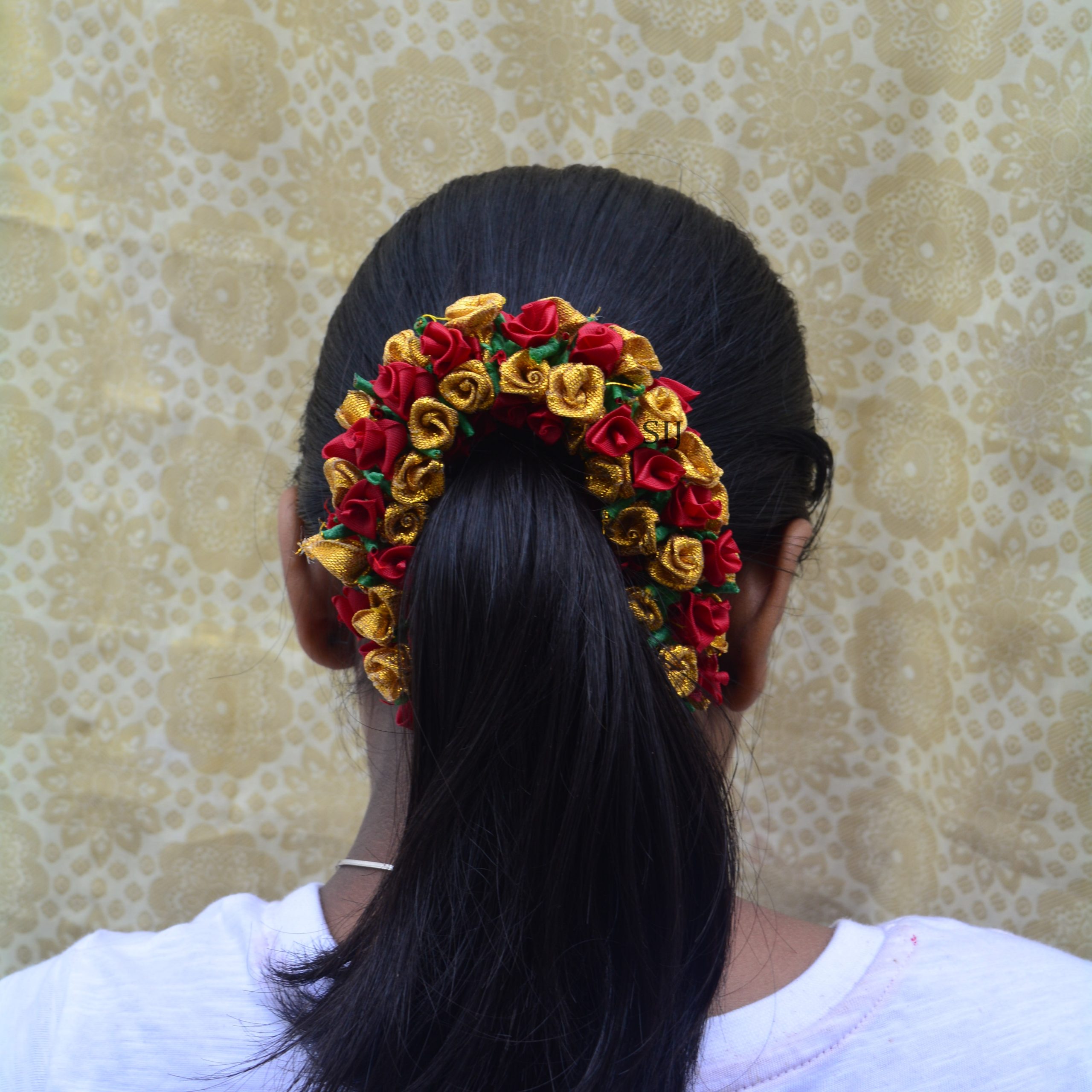 Gajra Gold and Red Artificial Roses Hair Accessory