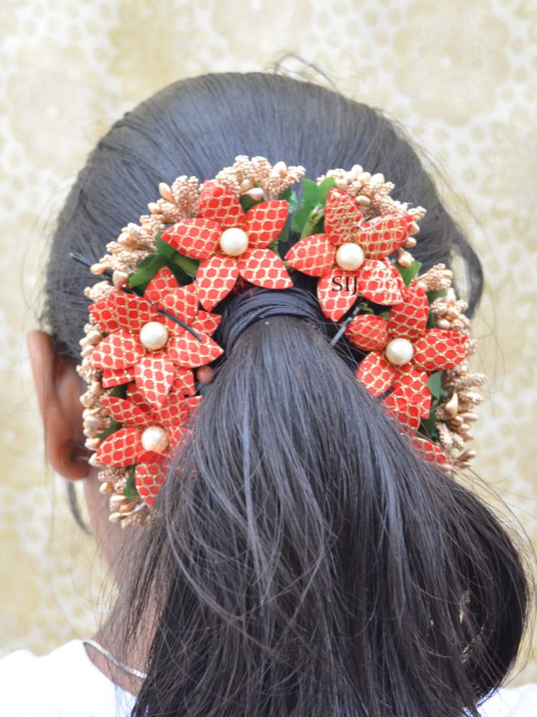 Gajra Orange and Gold Artificial Flower Hair Accessory