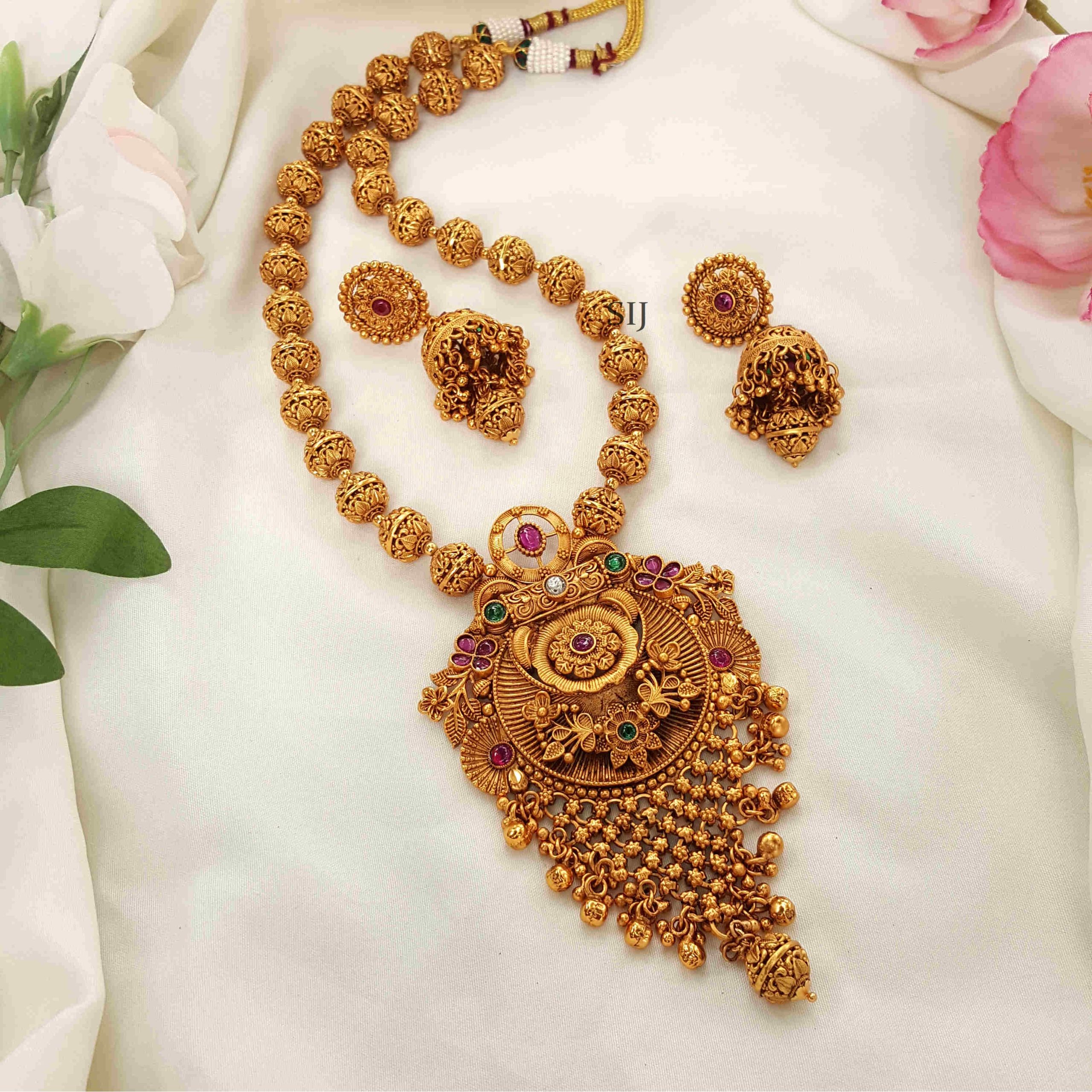 Gorgeous Gold Beads Haram with Floral Designed Pendant
