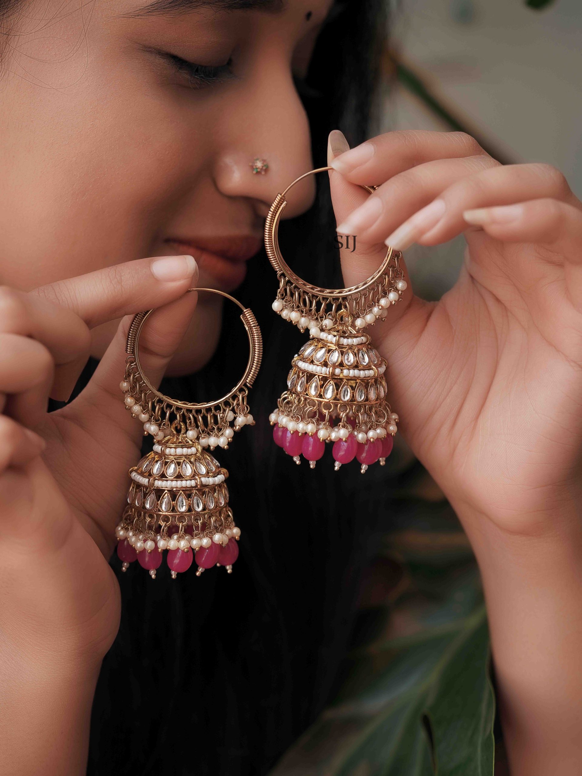 Loop Jhumkas with Ruby and White Pearls-1