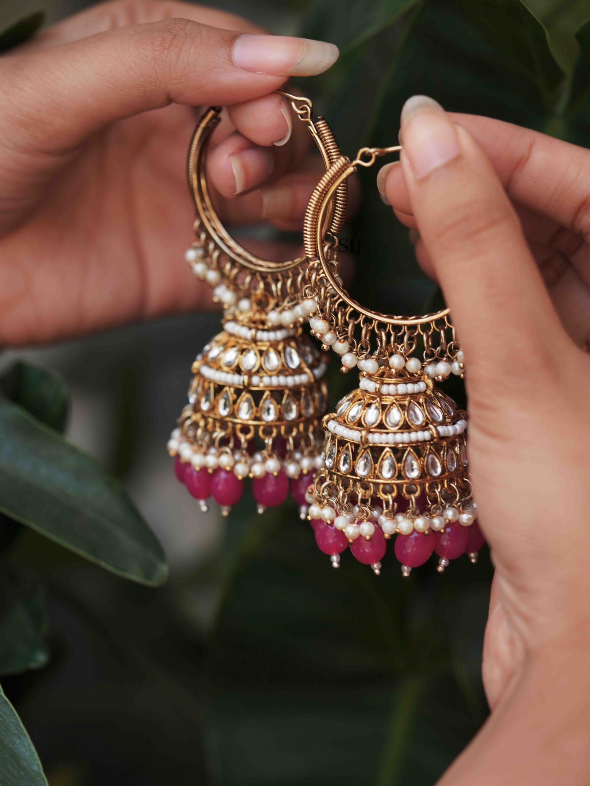 Loop Jhumkas with Ruby and White Pearls