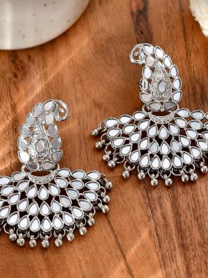 Mango Design Mirror Studded Chand Bali Earrings Silver-1