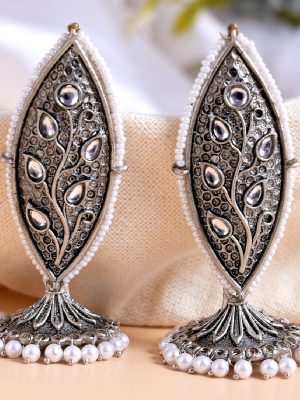 Meenakari Leaf Designed Green Earrings with Jhumkas Black_1