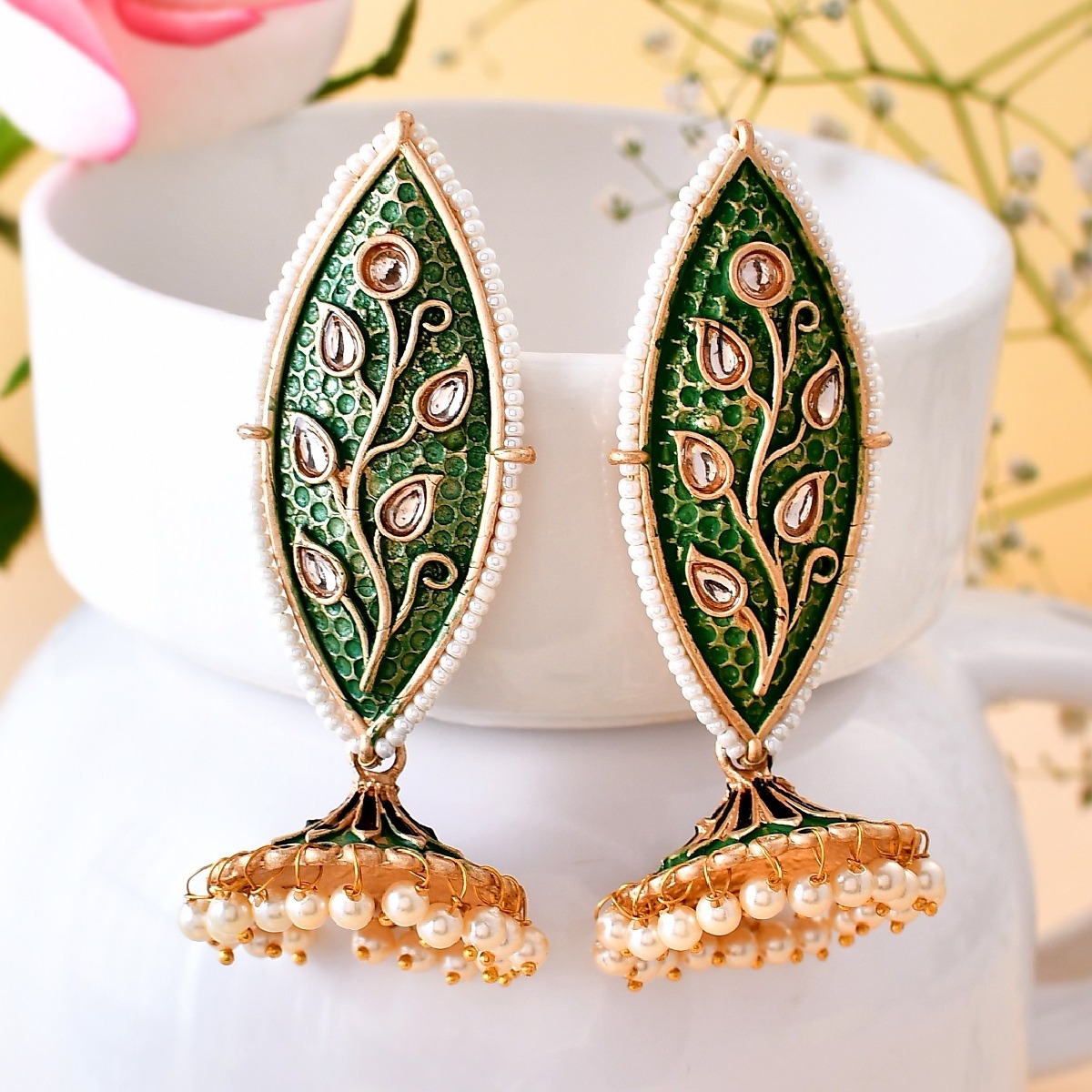 Meenakari Leaf Designed Green Earrings with Jhumkas Green_1