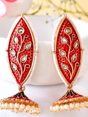 Meenakari Leaf Designed Green Earrings with Jhumkas Red_1