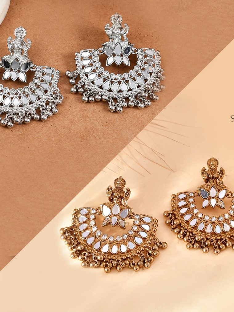 Mirror Studded Chand Bali Earrings with Lakshmi