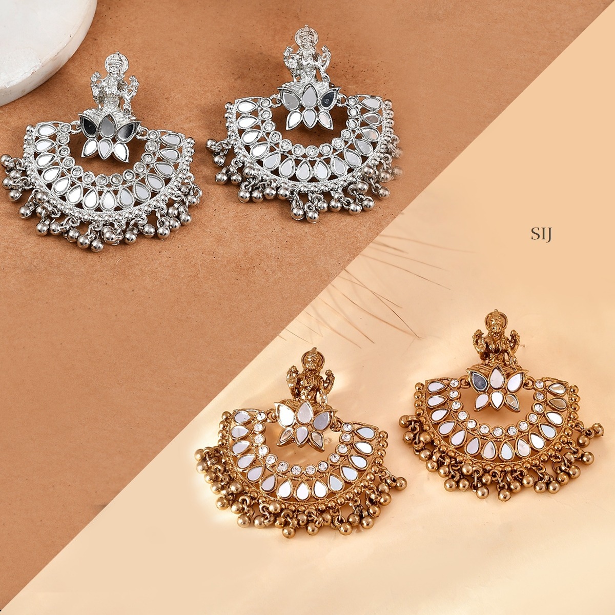 Mirror Studded Chand Bali Earrings with Lakshmi