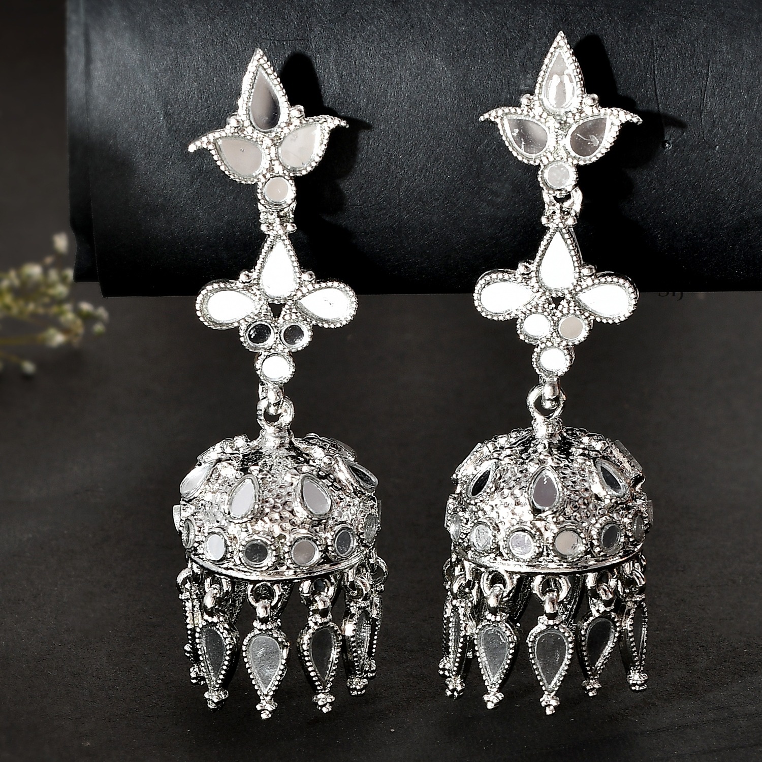 Mirror Studded Drop Earrings with Small Jhumkas