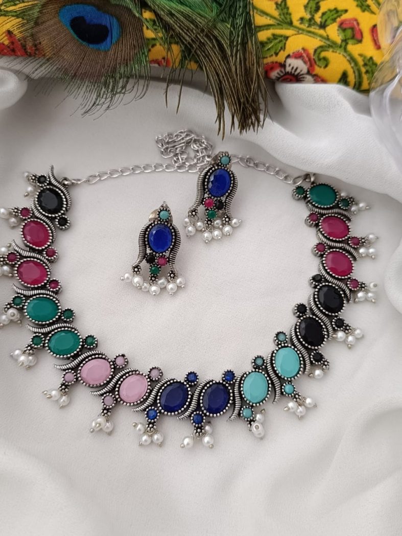 Multicolour Stone German Silver Necklace