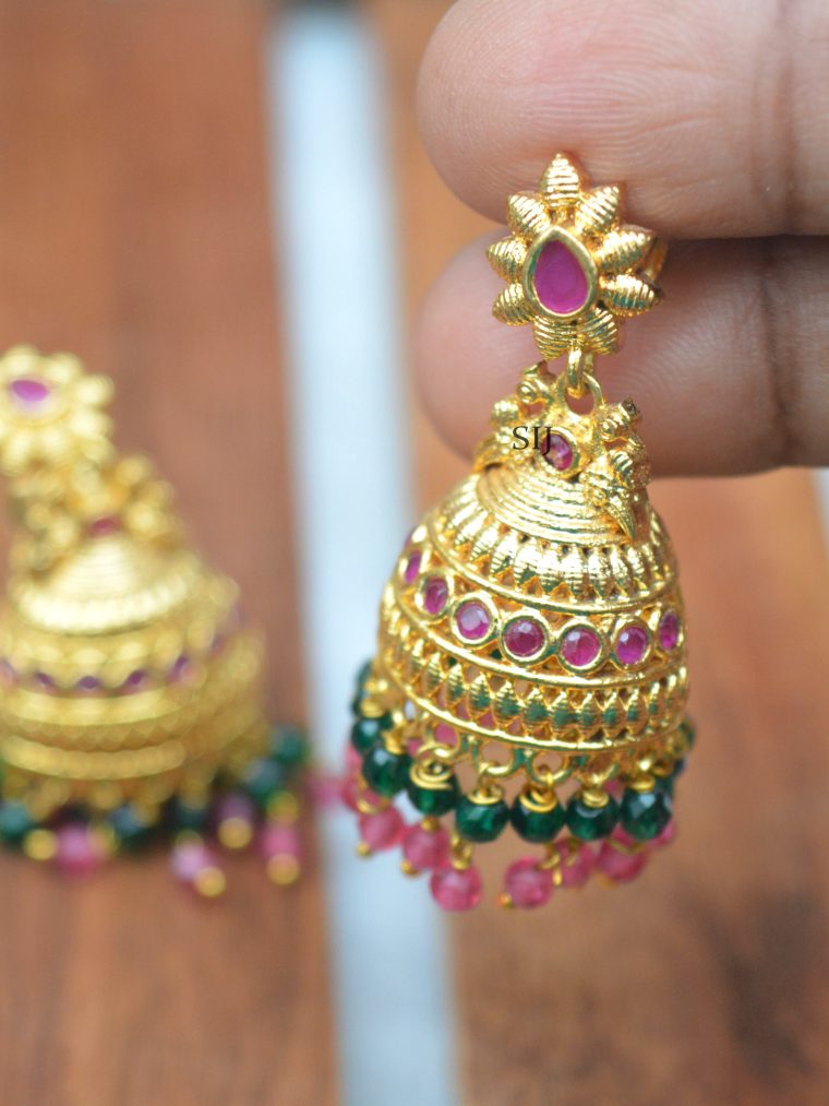 Pink Stone Jhumkas with Double Layer Beads