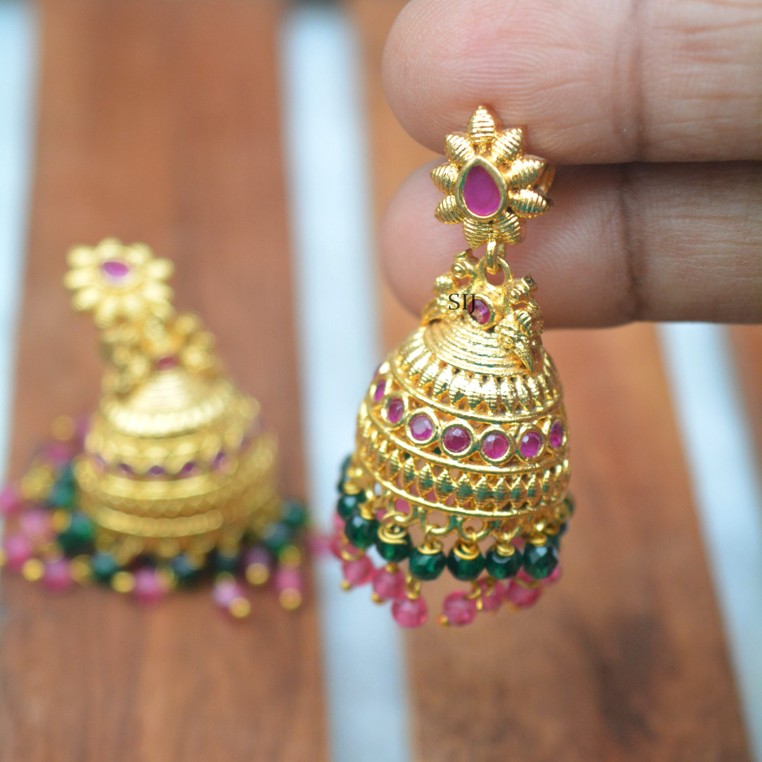Pink Stone Jhumkas with Double Layer Beads