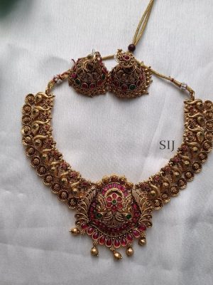 Pink Stones Peacock Design Necklace Set