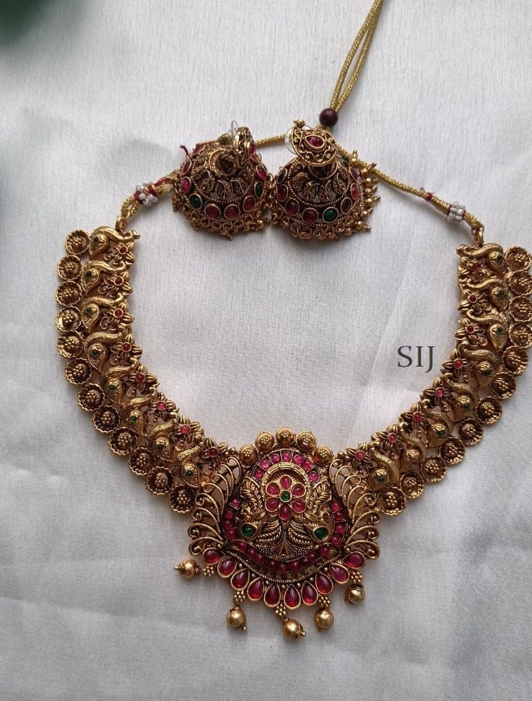 Pink Stones Peacock Design Necklace Set