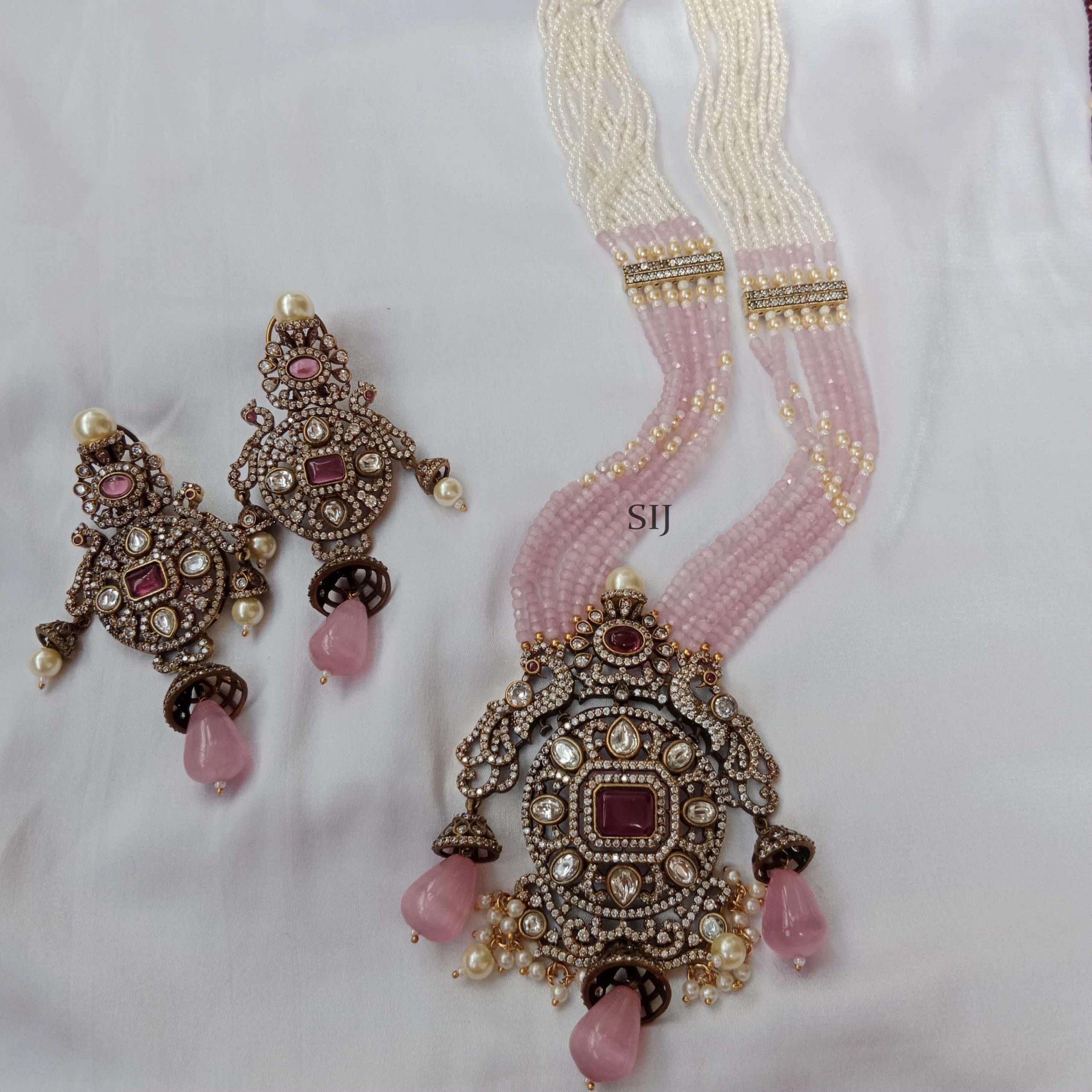 Pink Beads Haram with Victorian Peacock Pendant-1
