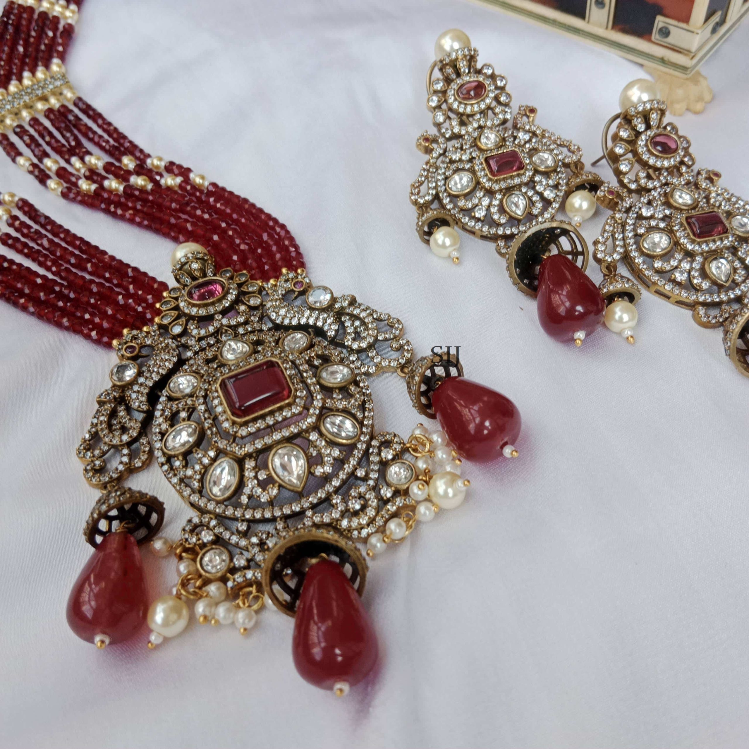 Red Beads Haram with Victorian Peacock Pendant-3