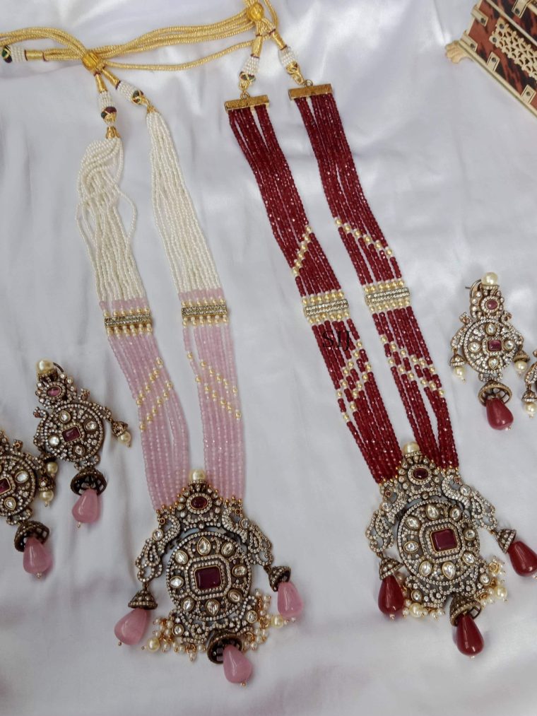 Pink/Red Beads Harams with Victorian Peacock Pendant