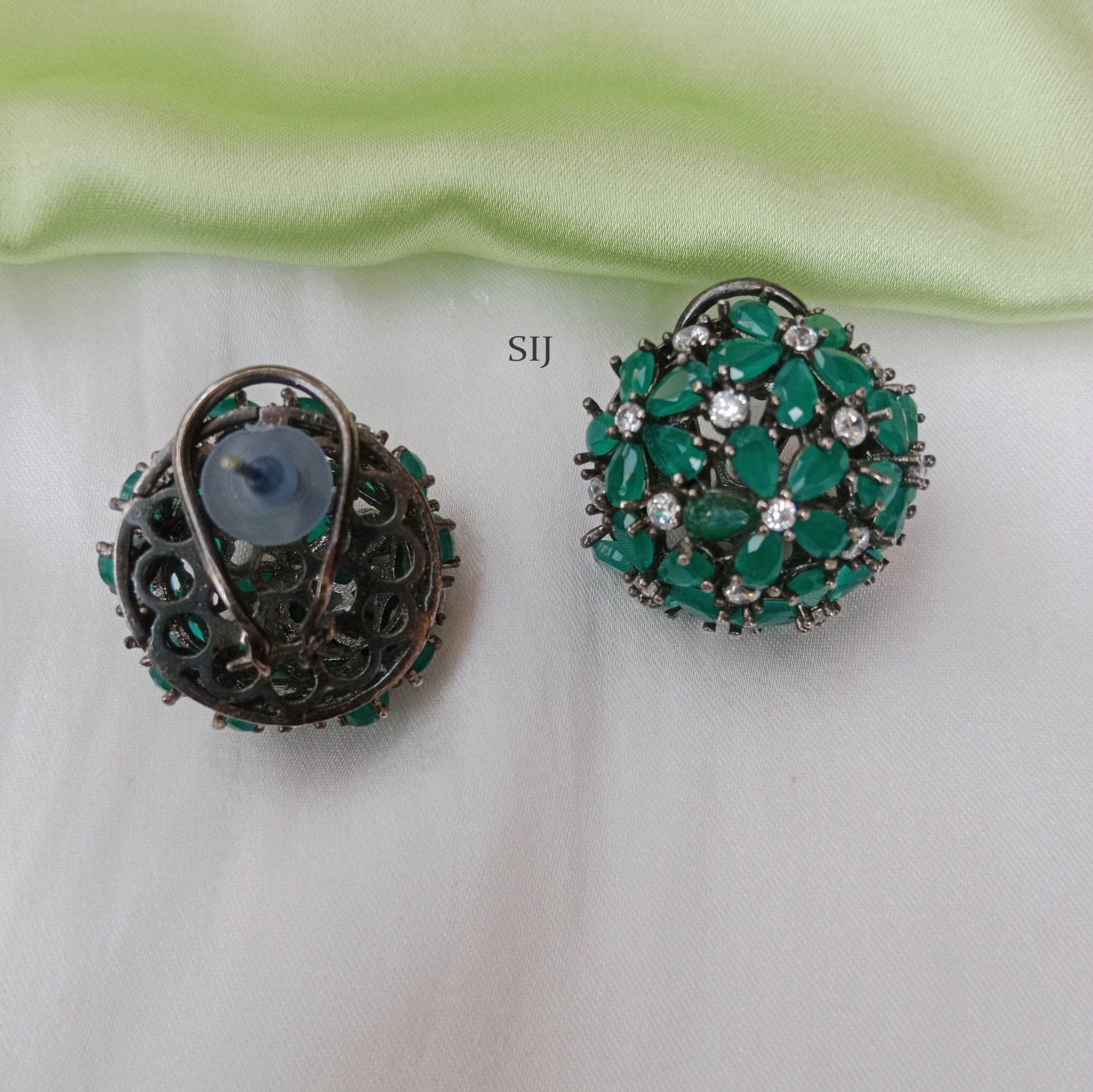 Round Emerald and AD Stones Stud Earrings - South India Jewels