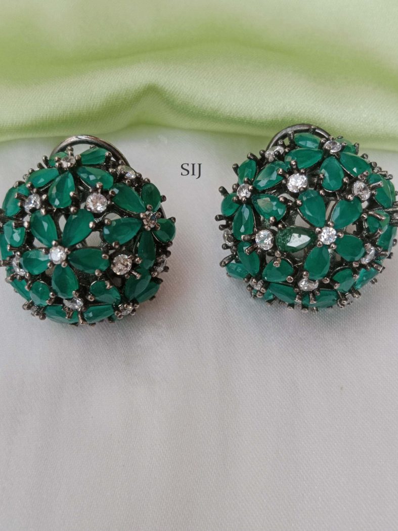 Round Emerald and AD Stones Stud Earrings