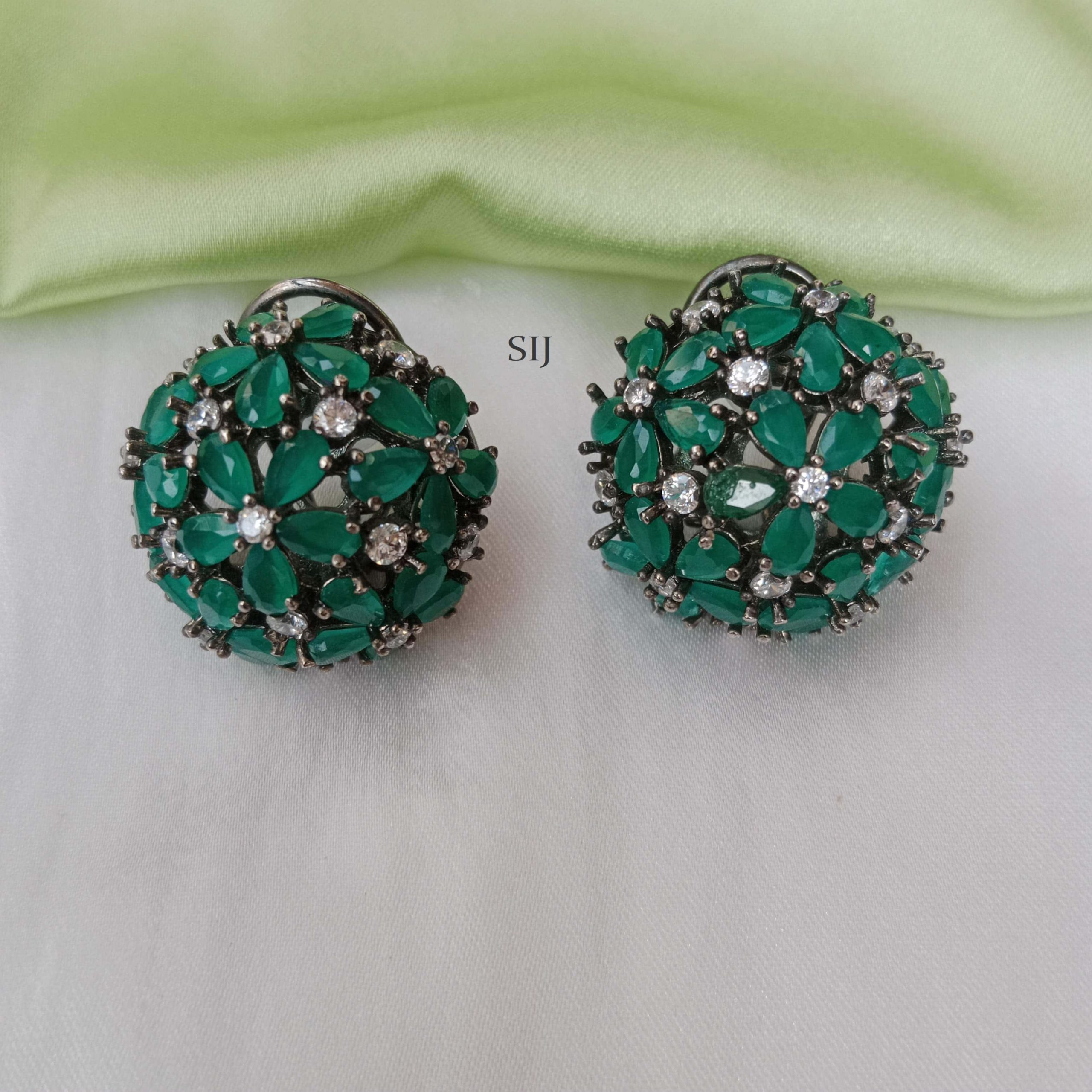 Round Emerald and AD Stones Stud Earrings