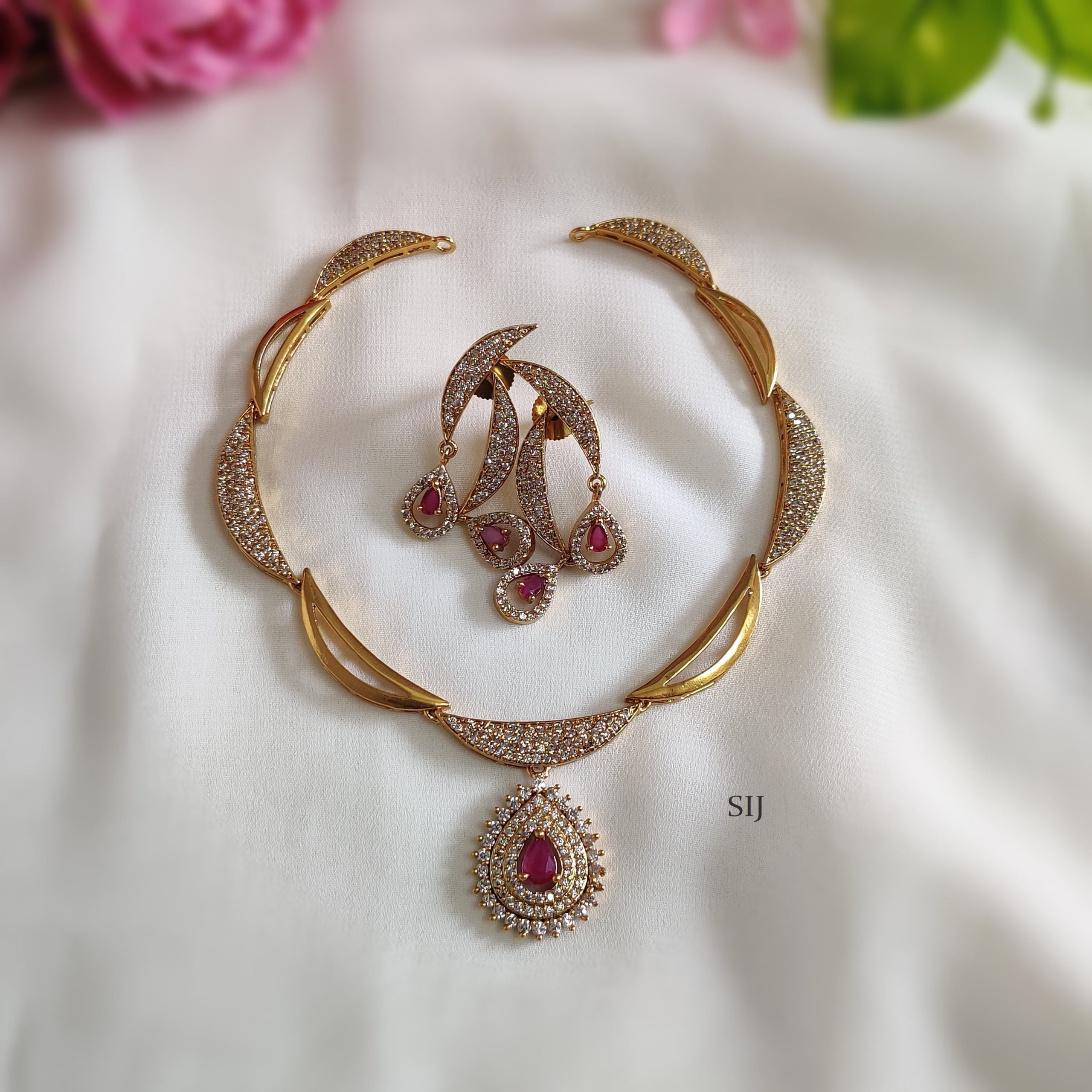 Royal Pink Contemporary Necklace Set - South India Jewels
