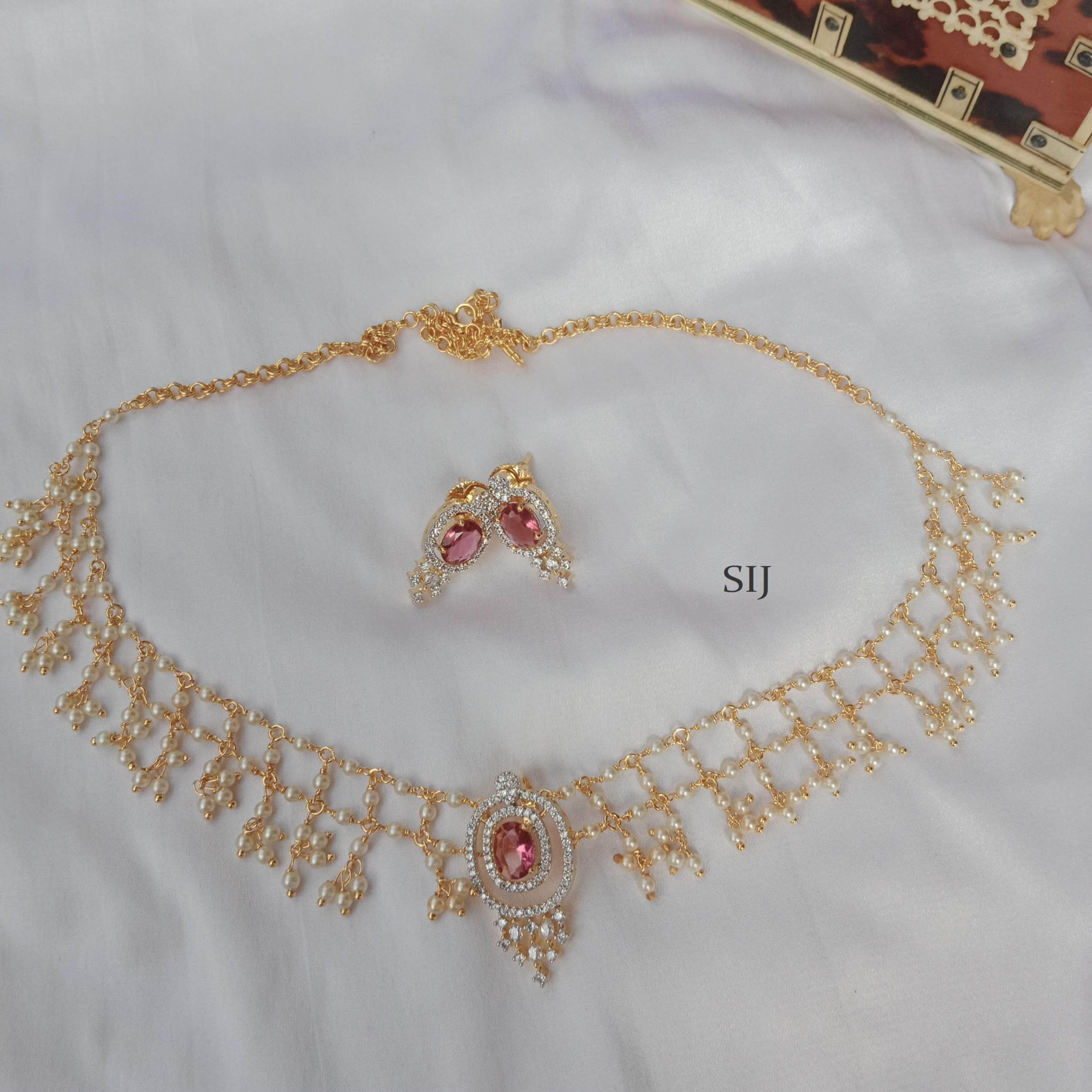 Three Layer Pearls with Ruby Pendant Necklace - South India Jewels