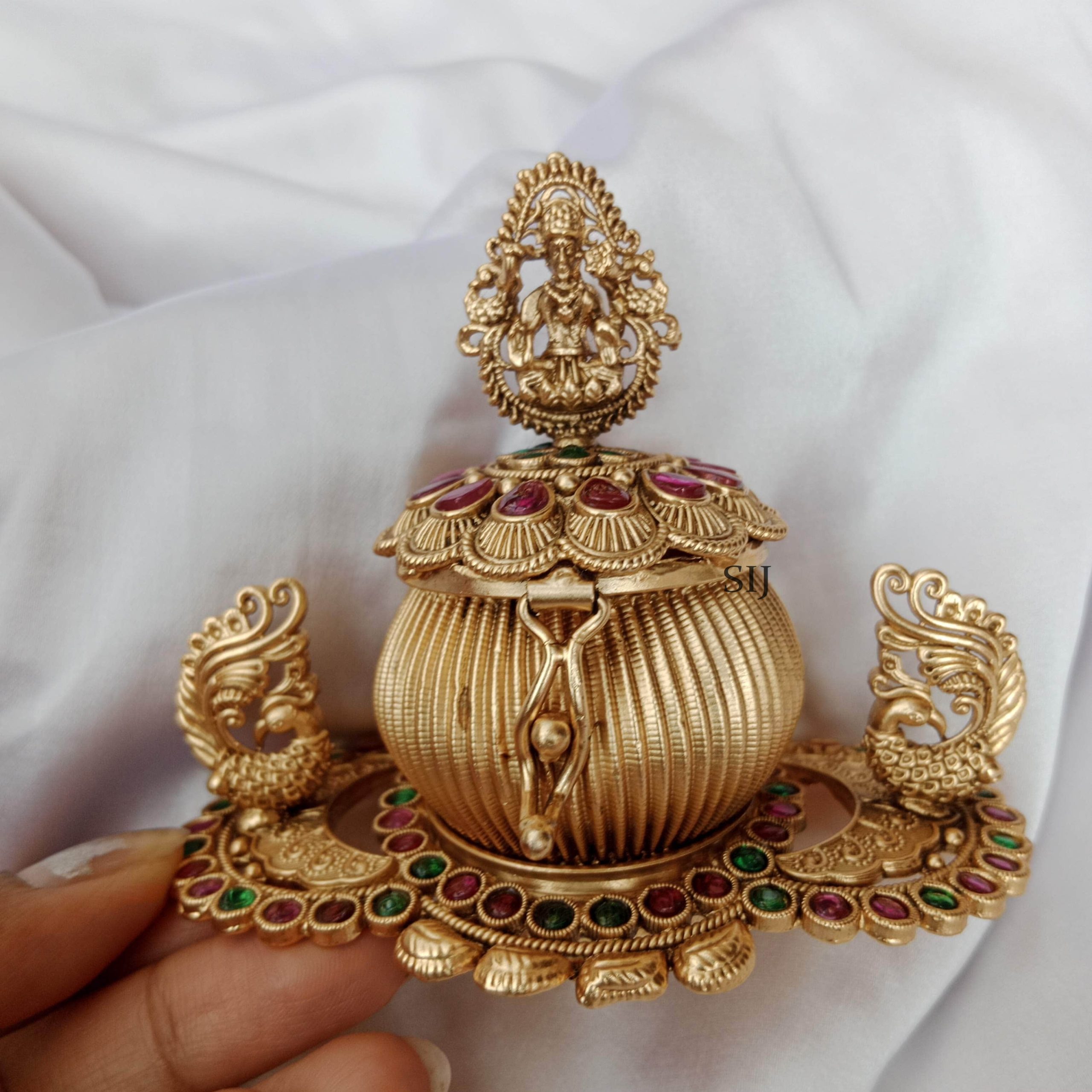 Traditional Lakshmi Kumkum Box with Peacocks-1