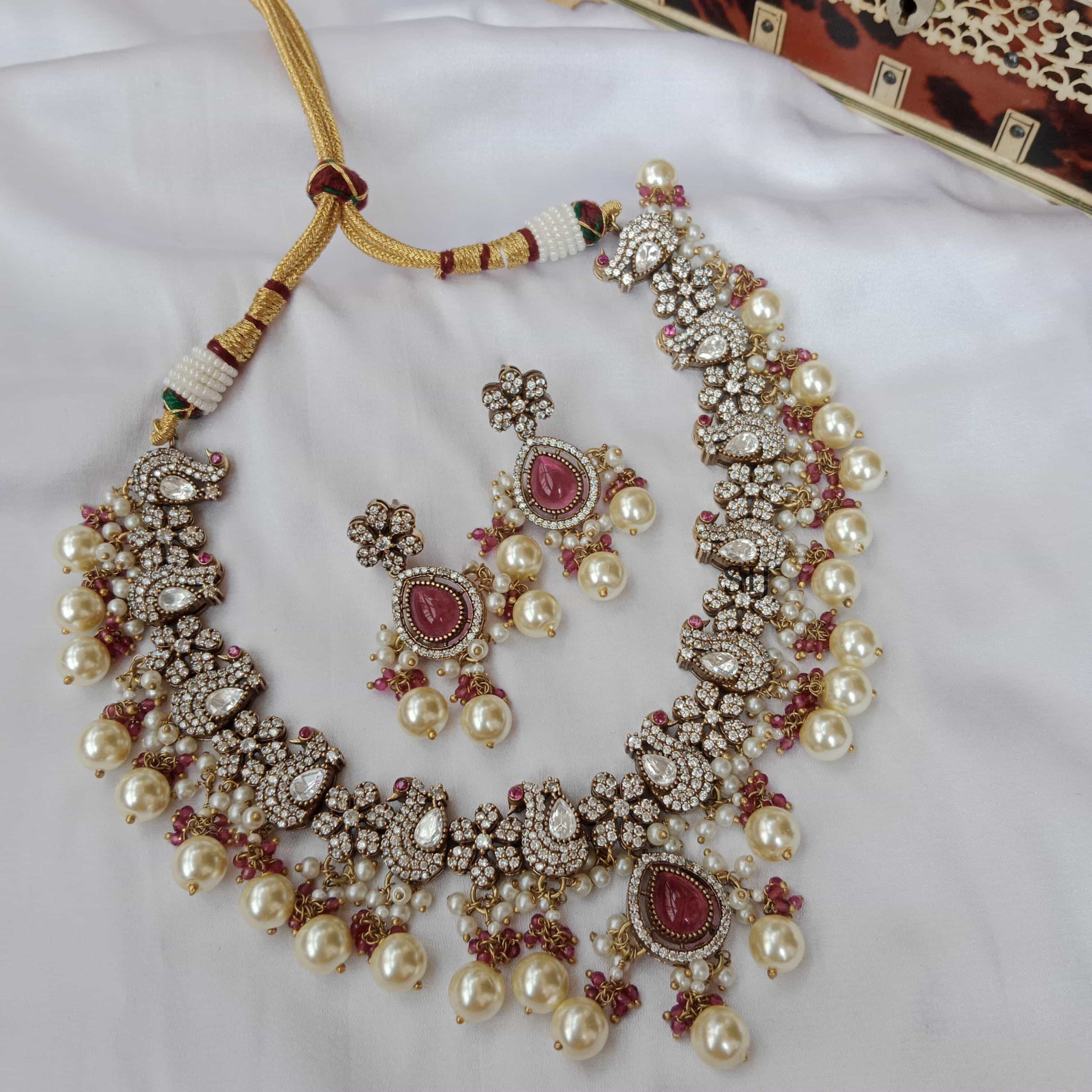 Traditional Victorian White Stones Peacock Necklace
