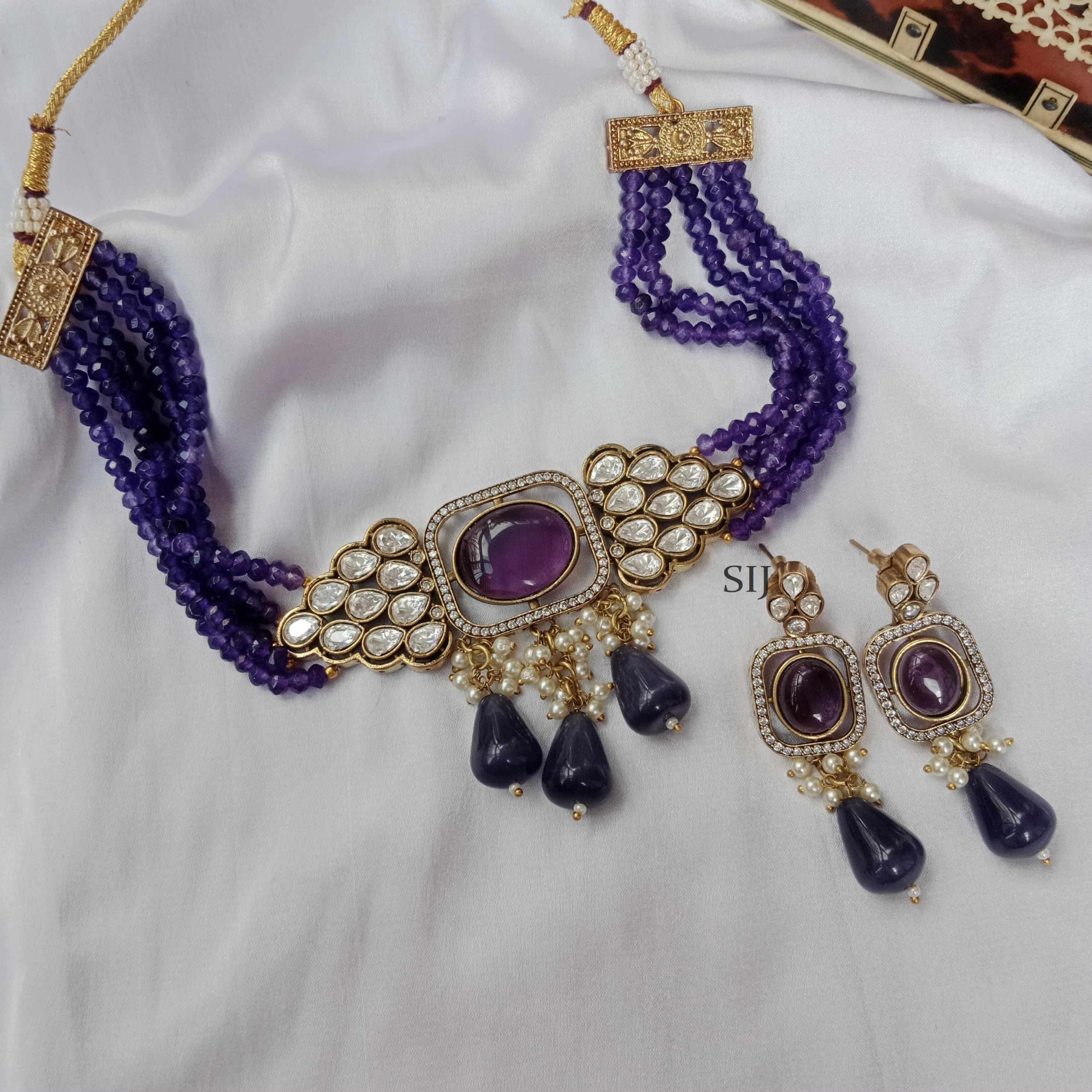 Trendy Victorian Purple Beads Choker with Earrings