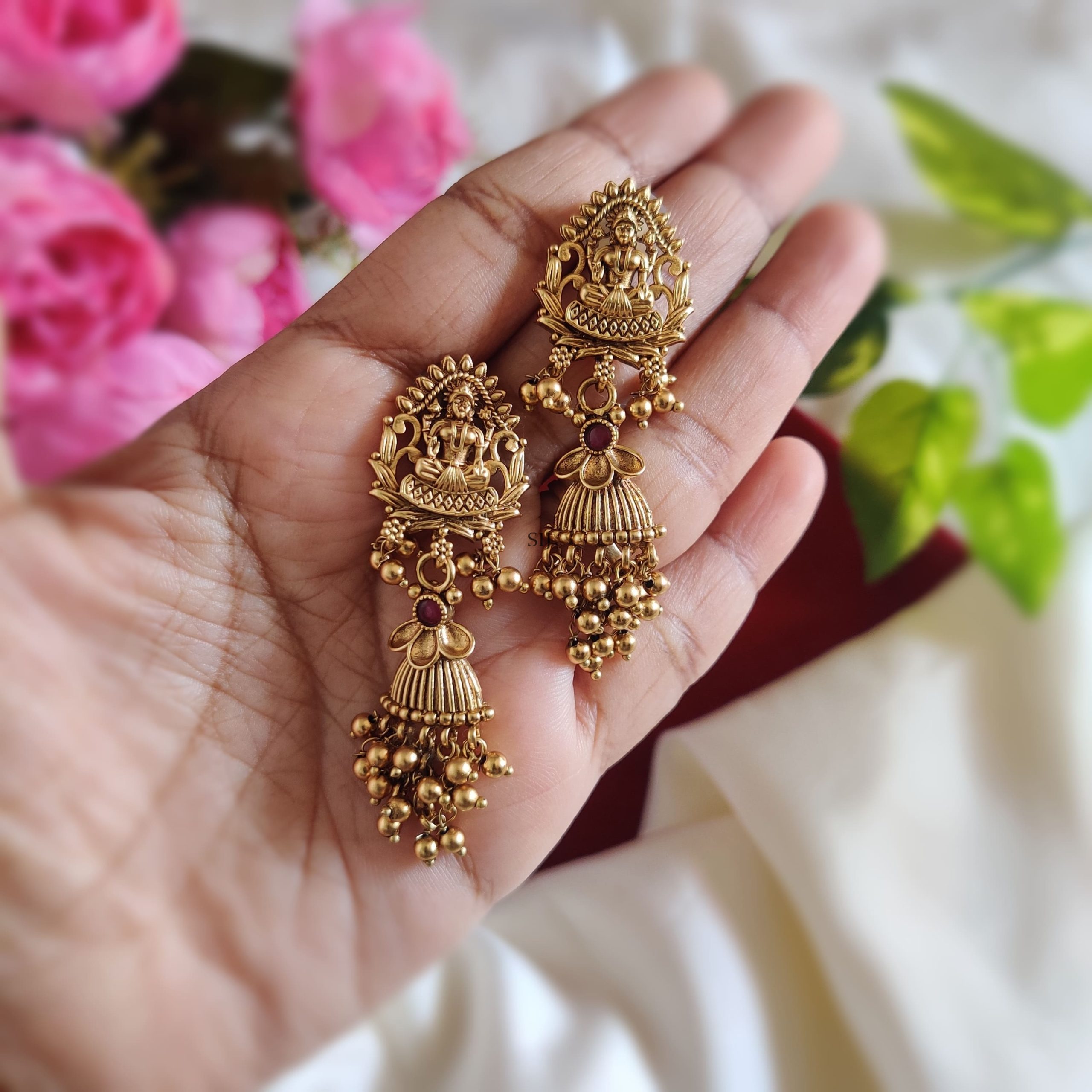Twinkling Gold Beaded Pearl Laxmi Earrings