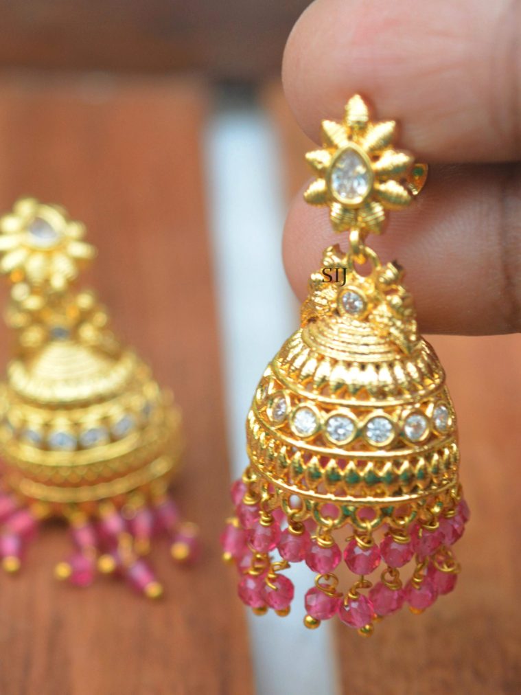 White Stone Jhumkas with Double Layer Beads