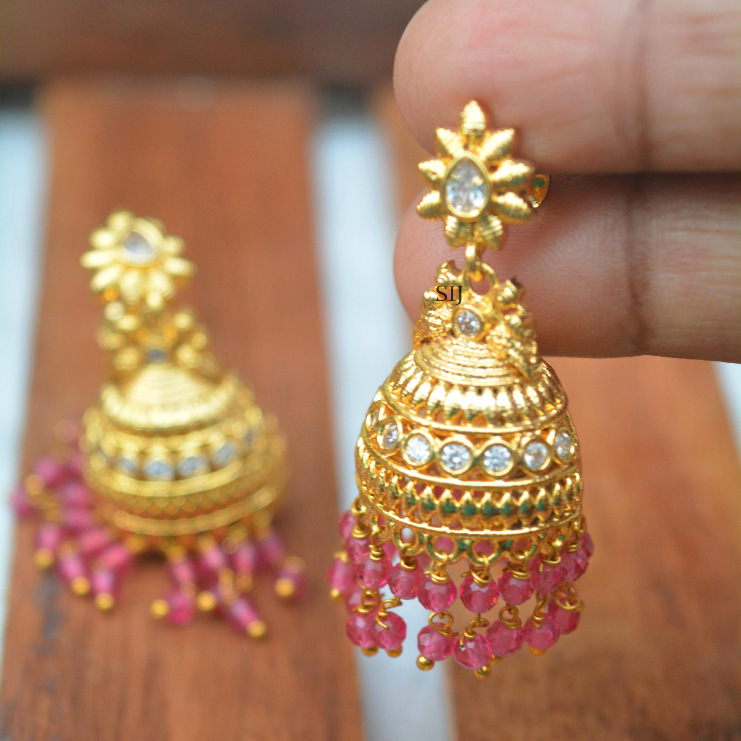 White Stone Jhumkas with Double Layer Beads