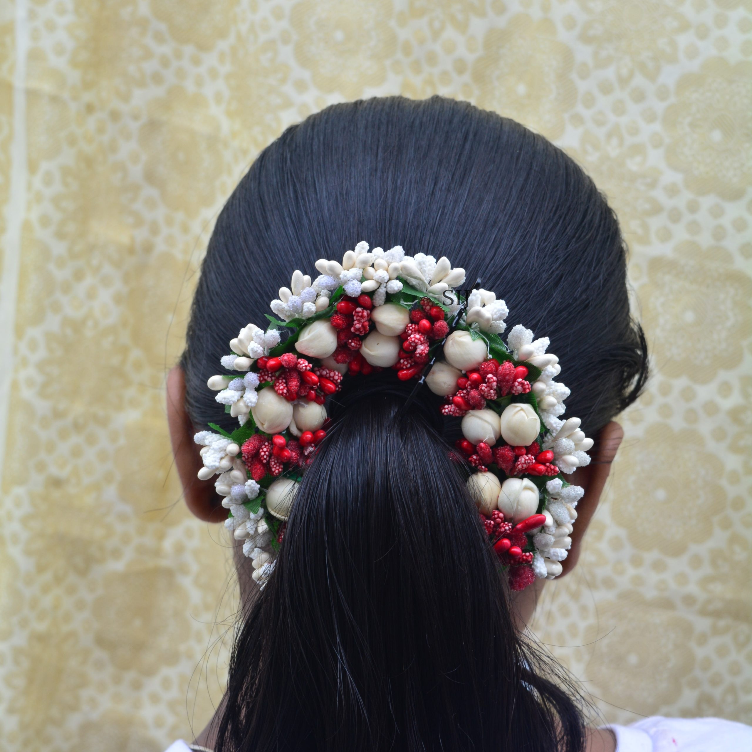 White and Red Gajra Artificial Hair Accessory