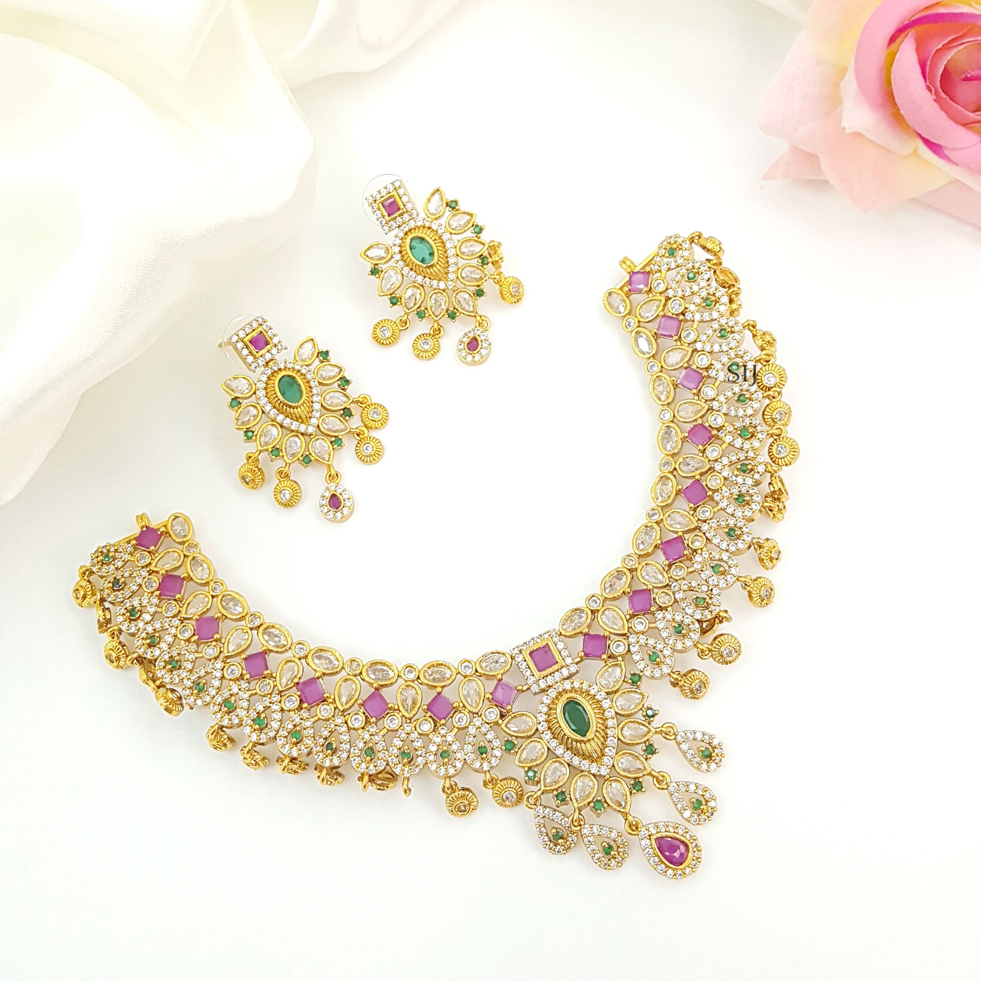 Stylish Drop Design Pink & Green Stone Gold Plated Necklace Set