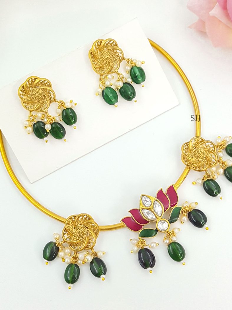 Charming Flower Lotus Moissanite Beads Hasli Gold Plated Necklace Set