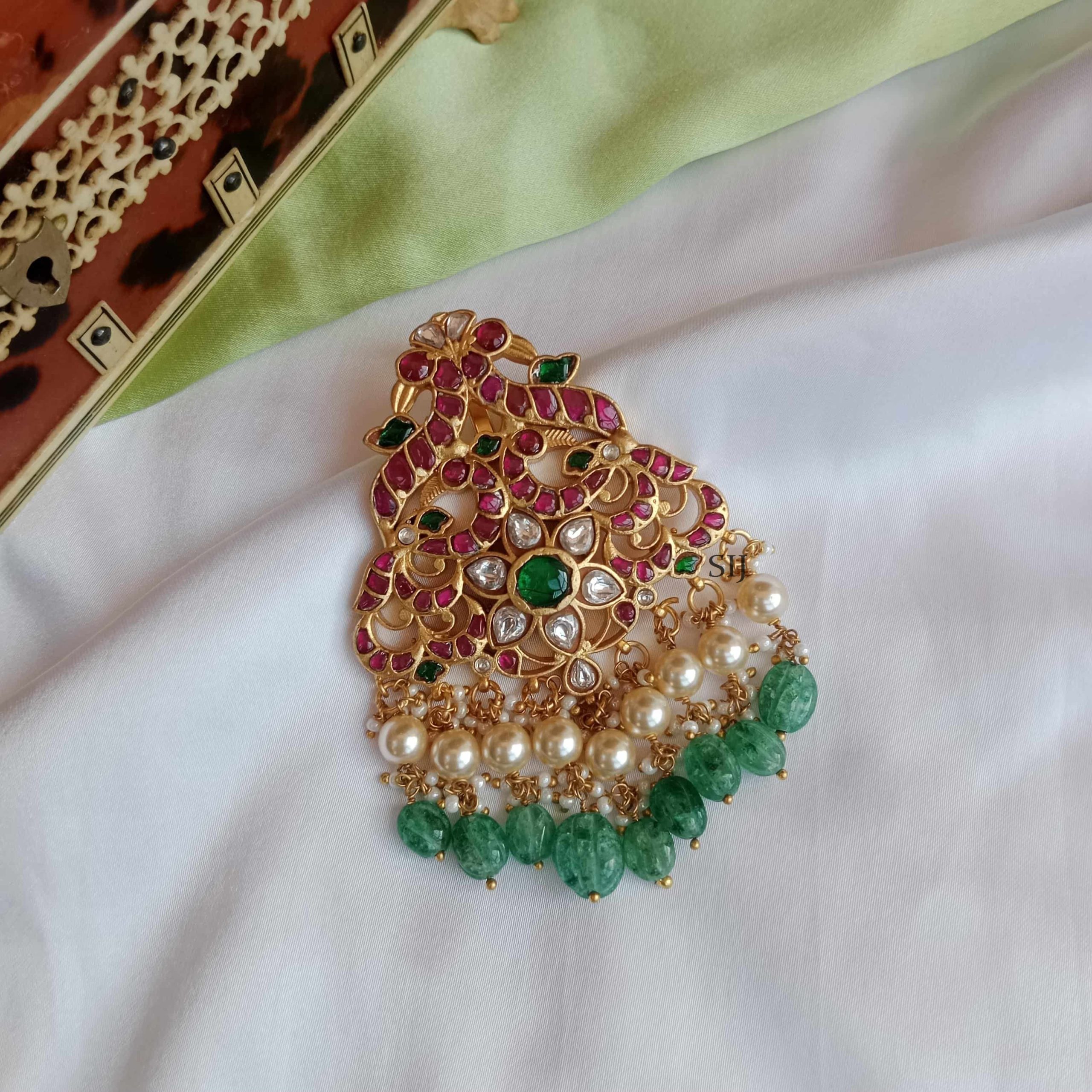Exquisite Dual Peacock Jadau Pendant With Pearl And Green Beads