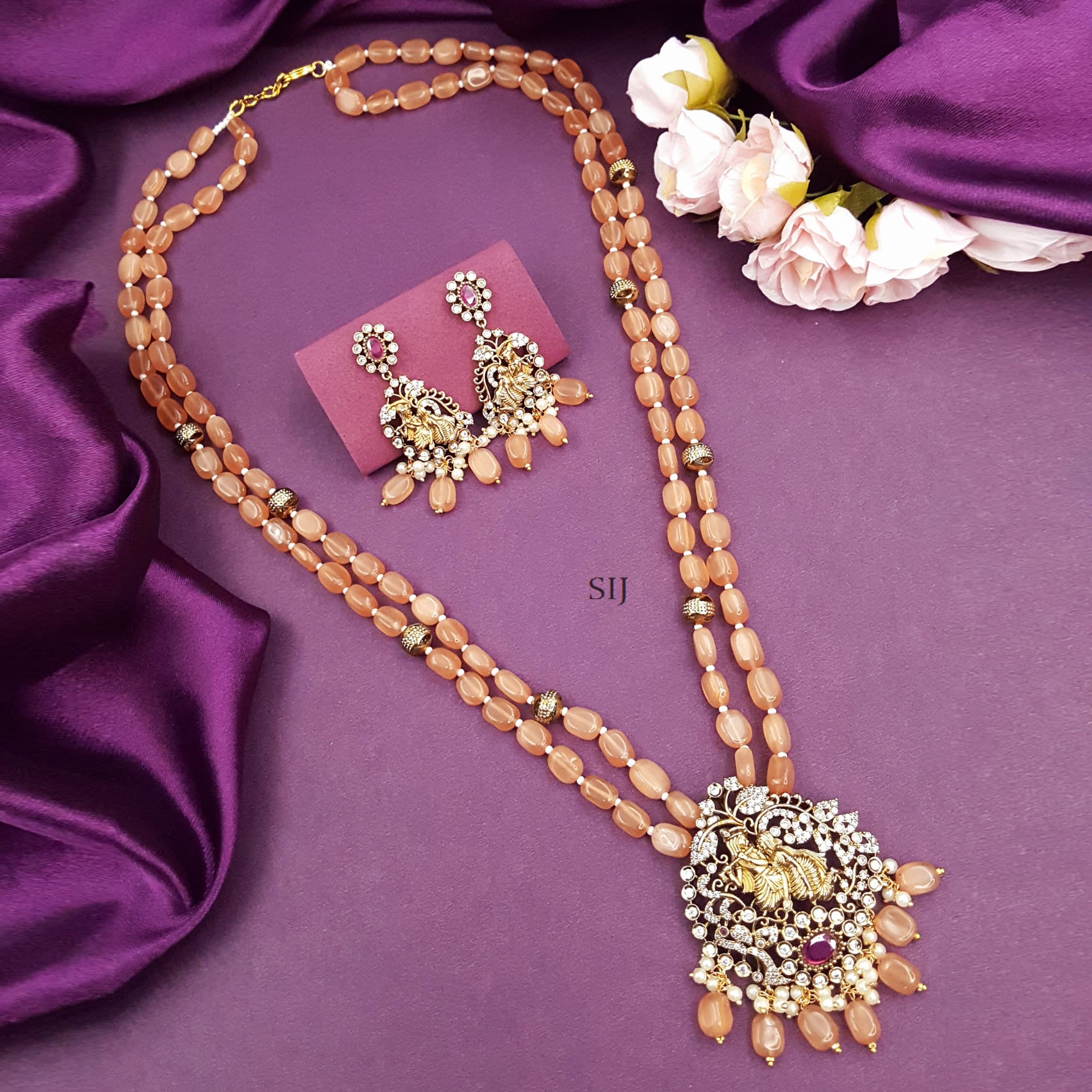 Classic Krishan Design 2 Layer Moissanite Beads Victorian Haram Pink