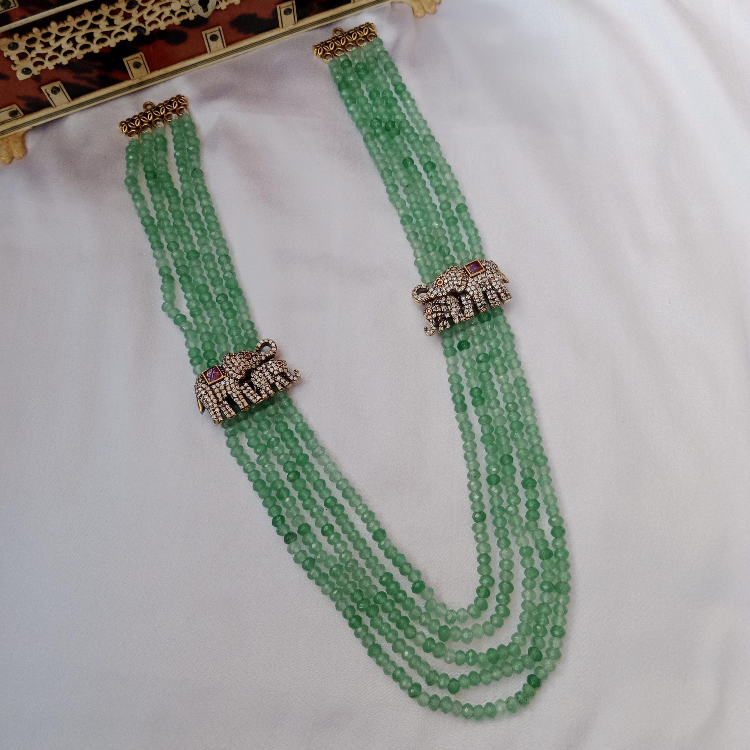 Shimmering Dual Elephant Green Beads Necklace