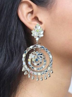 German Silver Mirror Chandbali Earrings