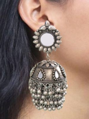 Circle Shape Oxidized Silver Jhumkas