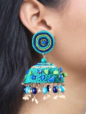 Handmade Beaded Blue Jhumkas