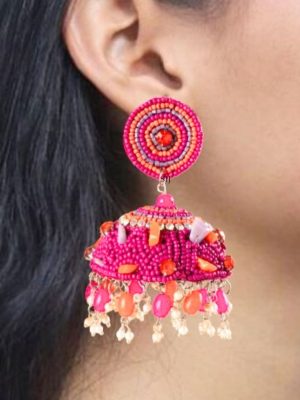 Handmade Beaded Pink Jhumkas