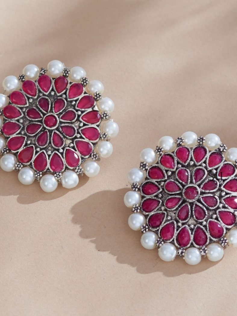 Alluring German Silver Pink Round Earrings