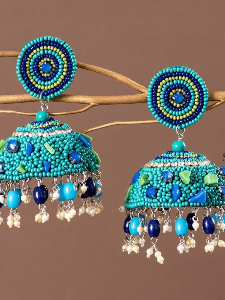 Alluring Handmade Beaded Blue Jhumkas