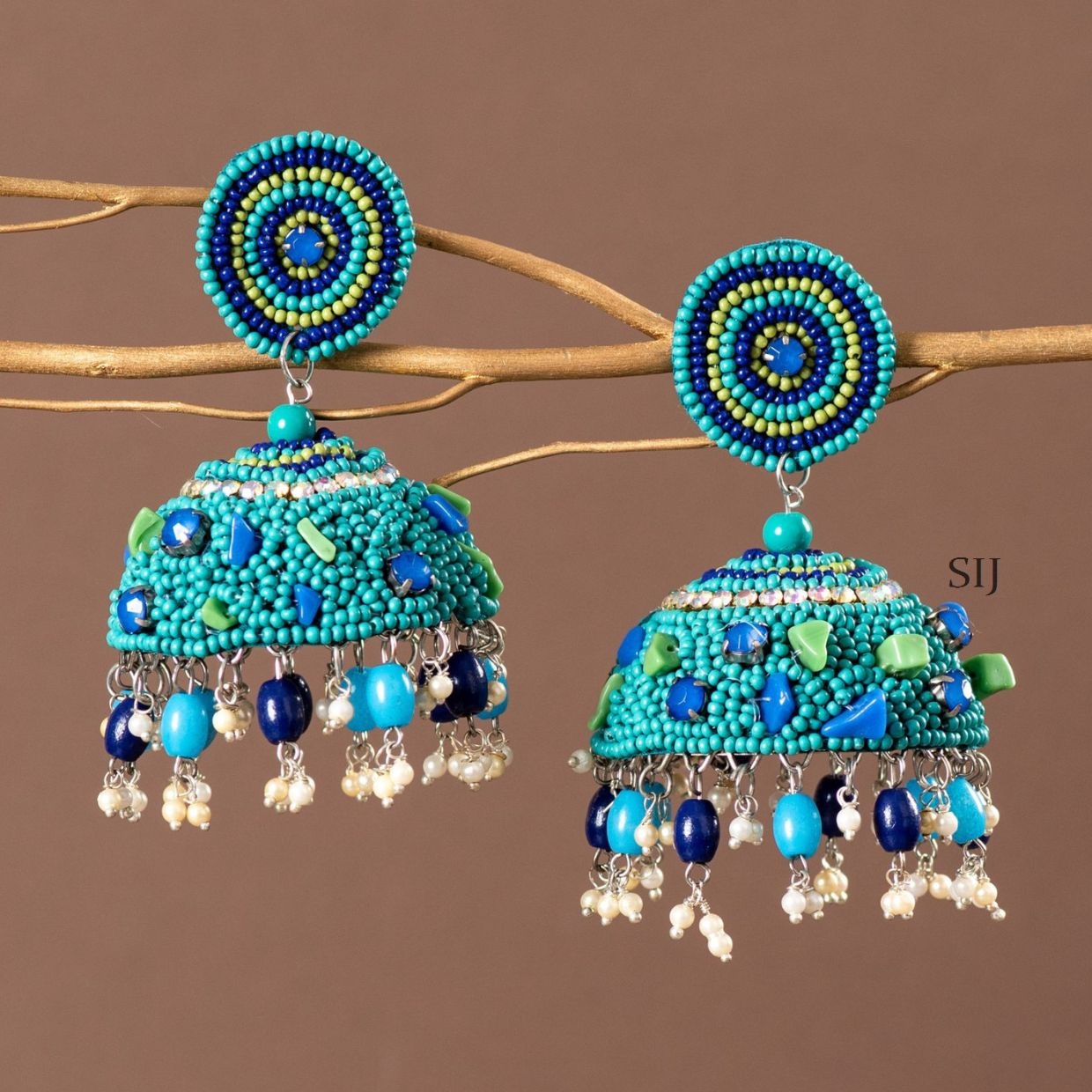 Alluring Handmade Beaded Blue Jhumkas - South India Jewels
