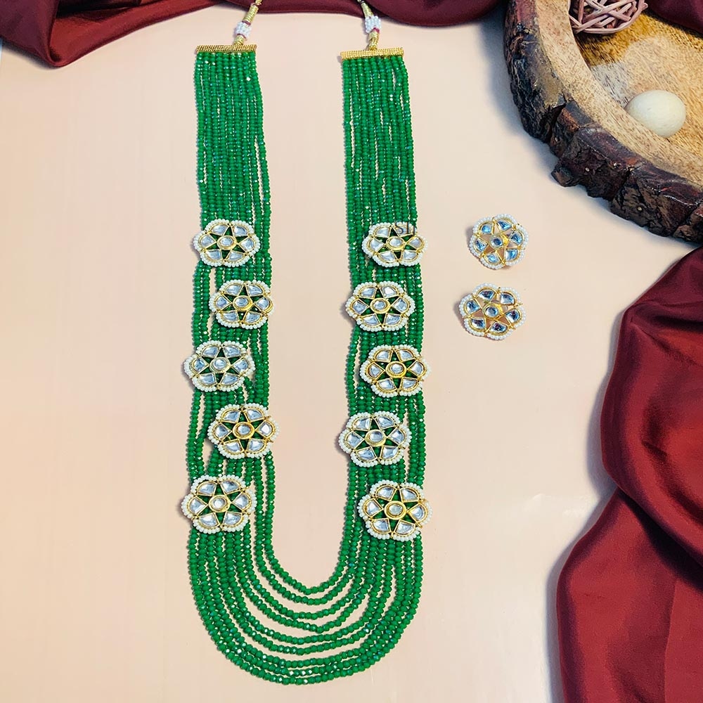 Beautiful Multi Layers Green Beads Mala with Kundan Pendants